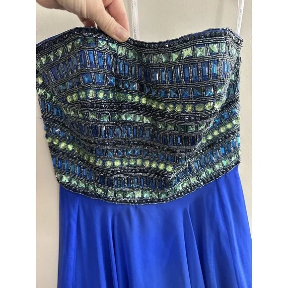 Sherri Hill Royal Blue Beaded Strapless Formal Gown Evening Party‎ Dress - Picture 9 of 9